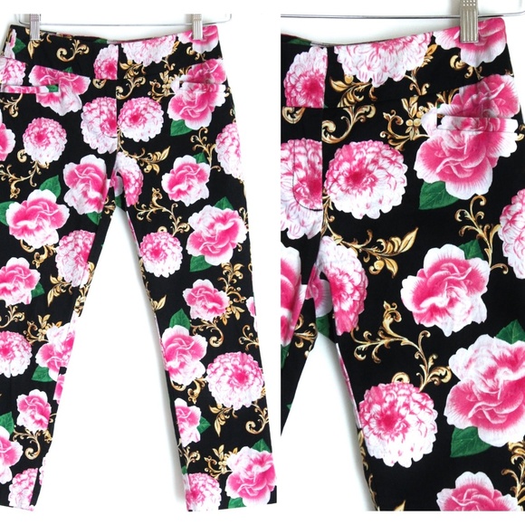 Capri's NY & Co Stretch Girlcore Pink Black Cabbage Floral Roses Career Casual - Picture 2 of 9